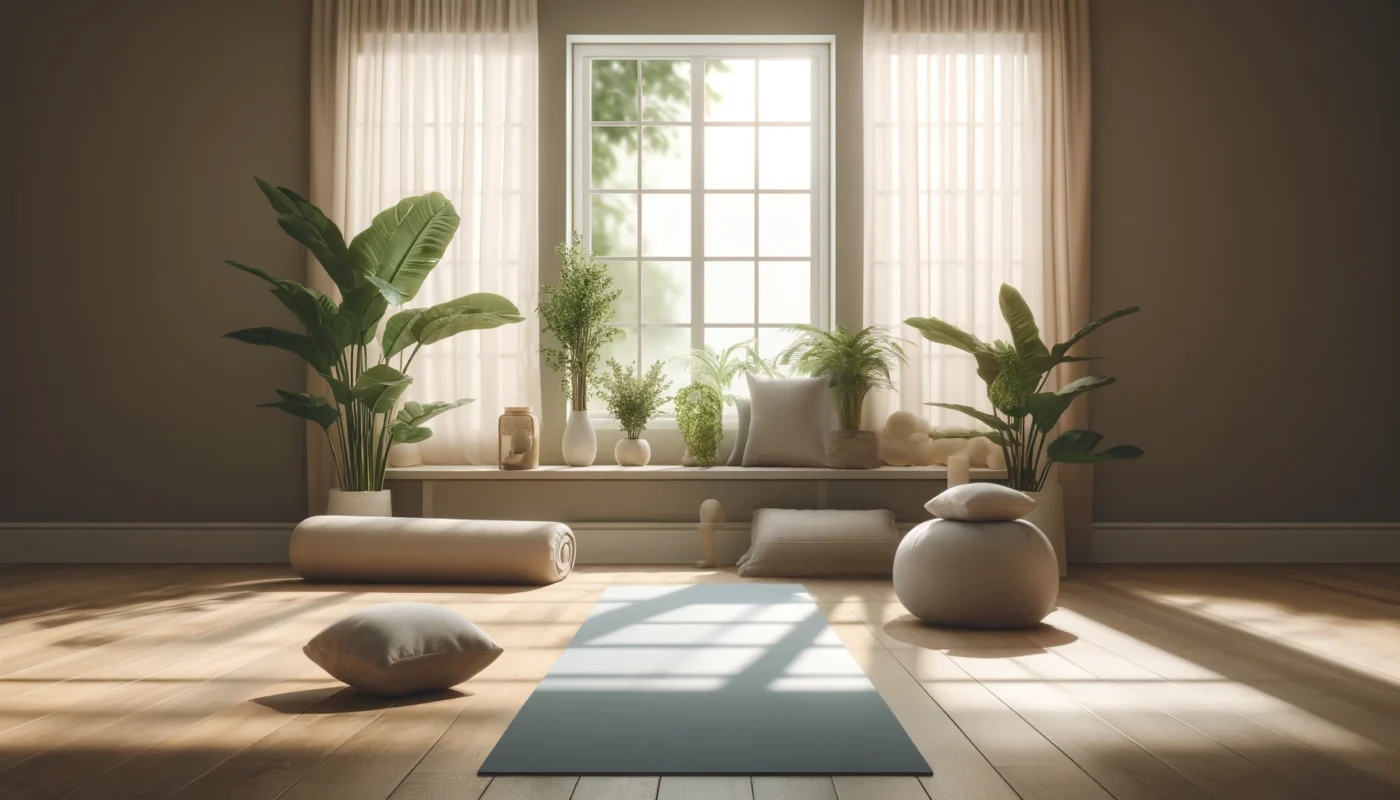 A serene yoga space with a mat, meditation cushions, soft natural light, and potted plants, creating a calming atmosphere for stress reduction and systemic inflammation management.