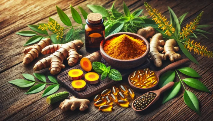 A vibrant still life of natural anti-inflammatory ingredients, including fresh turmeric roots, ginger, omega-3 fish oil capsules, green tea leaves, and Boswellia, arranged on a rustic wooden table as a natural alternative to Celebrex.