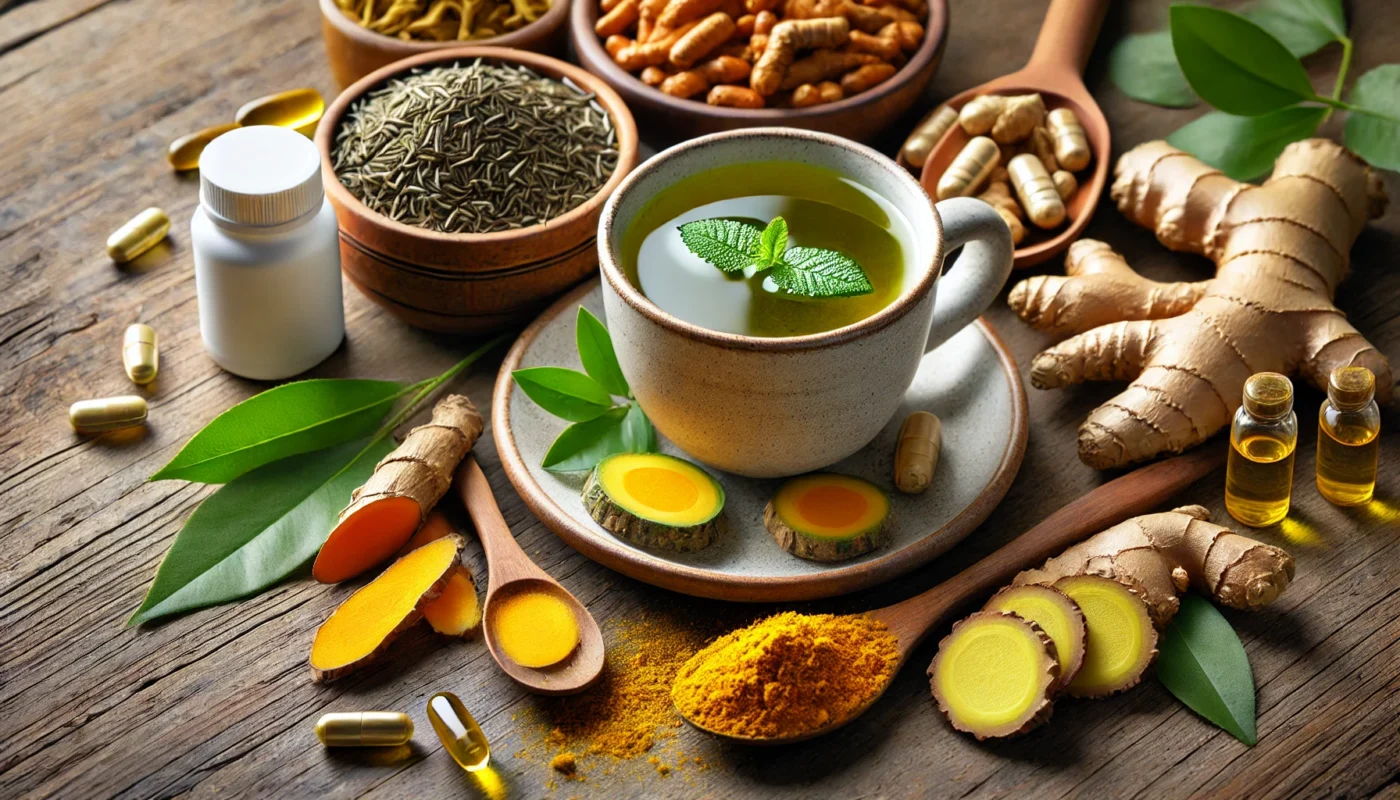 A close-up of a steaming cup of green tea surrounded by turmeric roots, dried ginger slices, turmeric powder, fish oil capsules, and Boswellia resin, showcasing natural alternatives to Celebrex for inflammation relief.