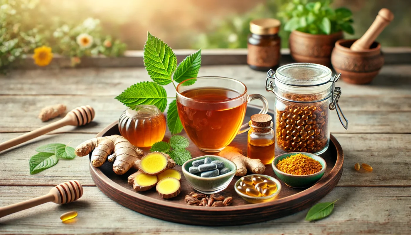 A beautifully arranged wooden tray featuring turmeric, ginger, honey, herbal tea, omega-3 fish oil capsules, and dried Boswellia resin, emphasizing natural inflammation relief solutions.