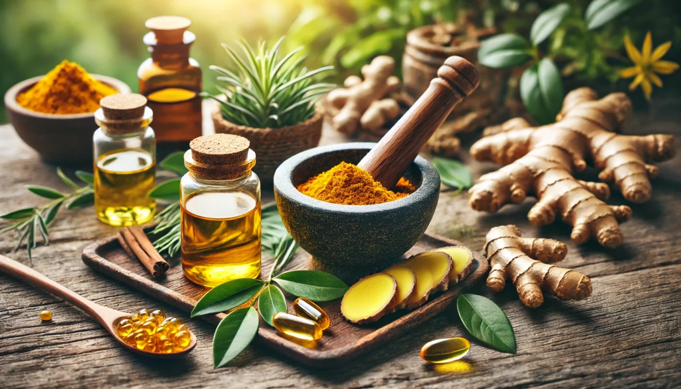 A serene natural setting with a mortar and pestle containing crushed turmeric, fresh ginger, green tea leaves, and omega-3 capsules, with a glass jar of herbal oil in the background, representing holistic anti-inflammatory remedies.