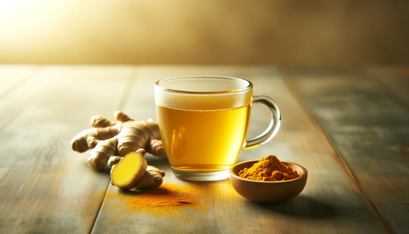 A glass cup of golden turmeric ginger tea on a wooden table, with a sprinkle of turmeric powder and a piece of fresh ginger beside it, highlighted by soft natural lighting to evoke warmth and wellness.