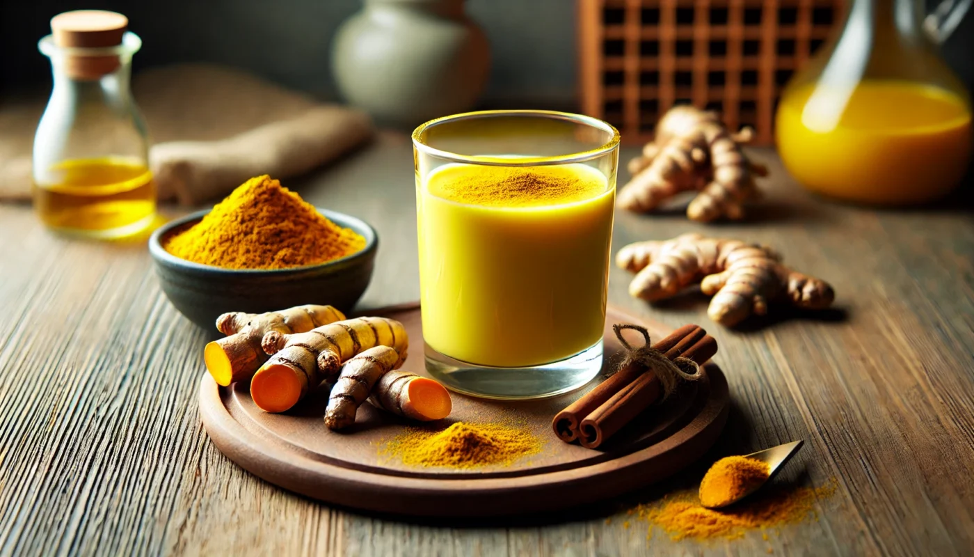 A glass of golden turmeric milk on a wooden countertop, accompanied by fresh turmeric roots, a cinnamon stick, and a dish of ground turmeric, showcasing its anti-inflammatory benefits for arthritis relief.