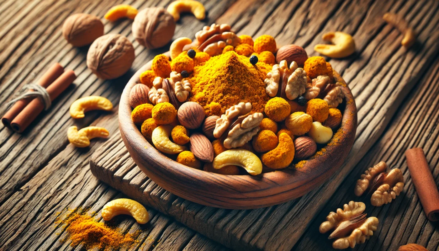 A wooden bowl filled with turmeric-spiced nuts including almonds, walnuts, and cashews, placed on a rustic wooden table under natural lighting, showcasing a vibrant and healthy anti-inflammatory snack.