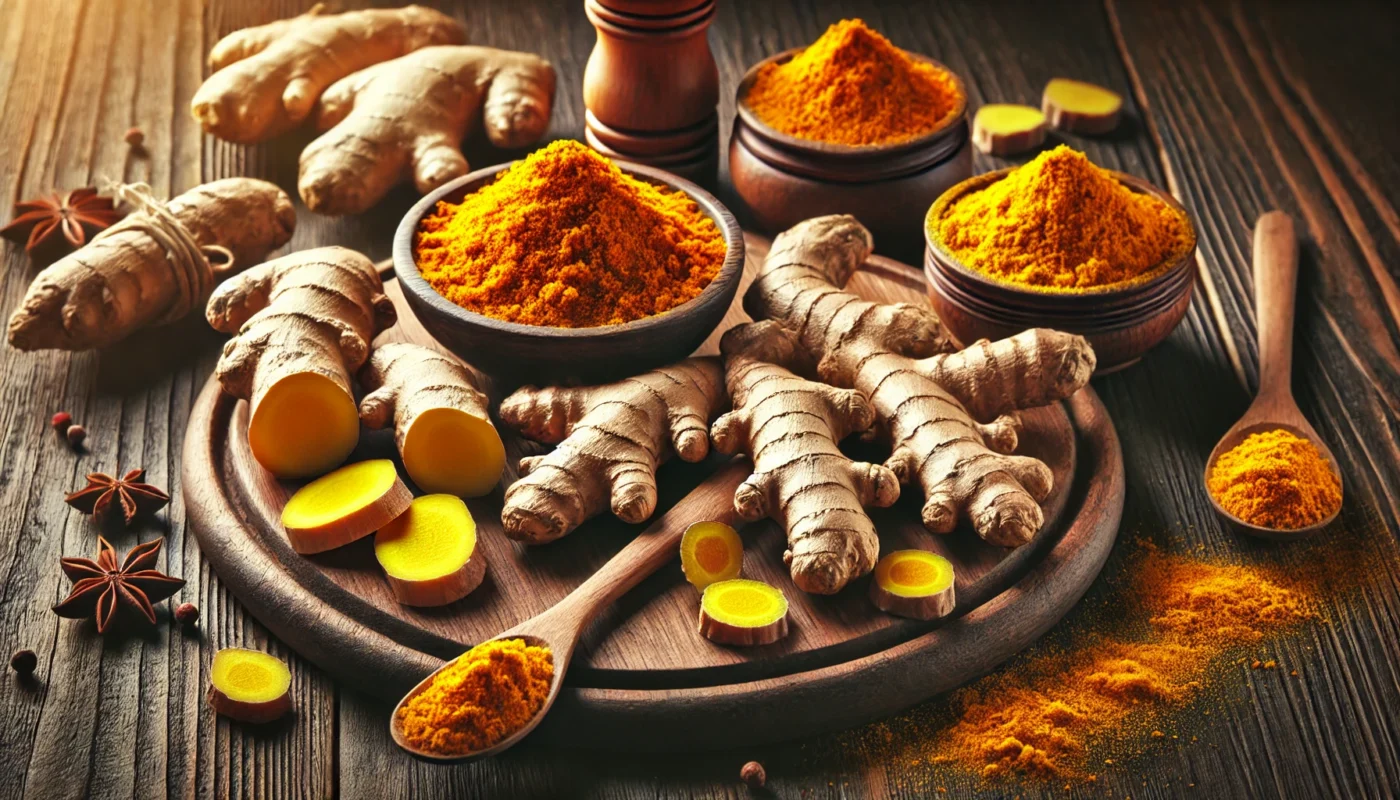 Fresh turmeric roots, ginger, and powdered spices displayed on a wooden board with warm lighting, highlighting their natural anti-inflammatory properties and health benefits.