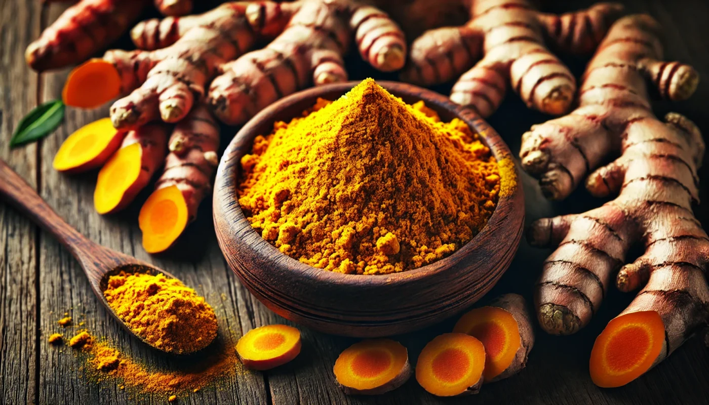 A close-up of fresh turmeric roots and ground turmeric powder in a rustic wooden bowl, highlighting its vibrant yellow-orange color and natural texture, symbolizing its powerful anti-inflammatory properties.