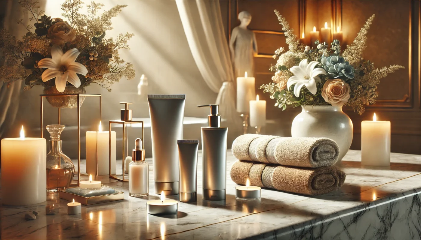 A luxurious indoor spa setup with sleek, minimalist sunscreen bottles and tubes on a marble countertop, complemented by lit candles, fresh flowers, and soft towels for a calming and elegant ambiance.