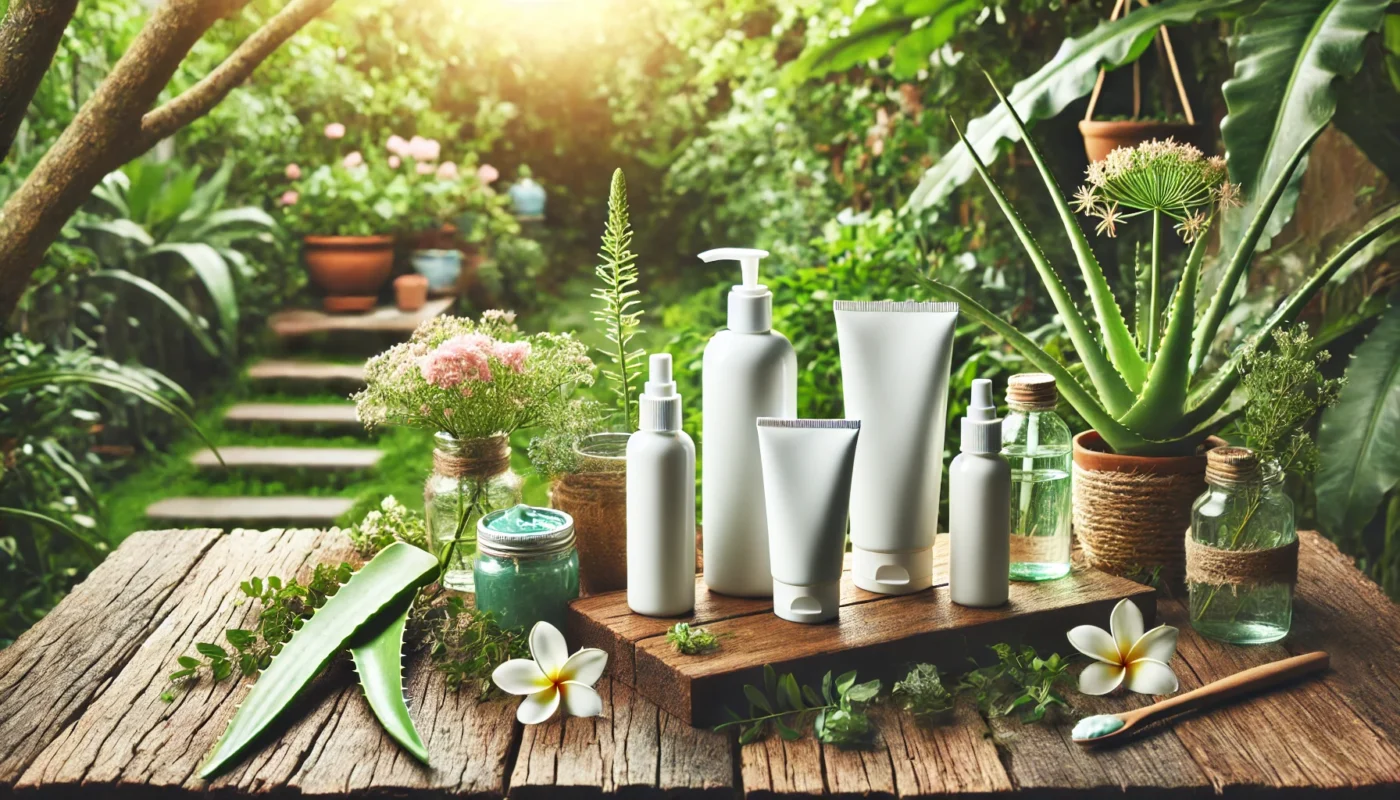 A refreshing outdoor garden setup featuring sleek sunscreen bottles and tubes on a rustic wooden table, surrounded by lush greenery, aloe vera leaves, and flowers, emphasizing natural skincare.