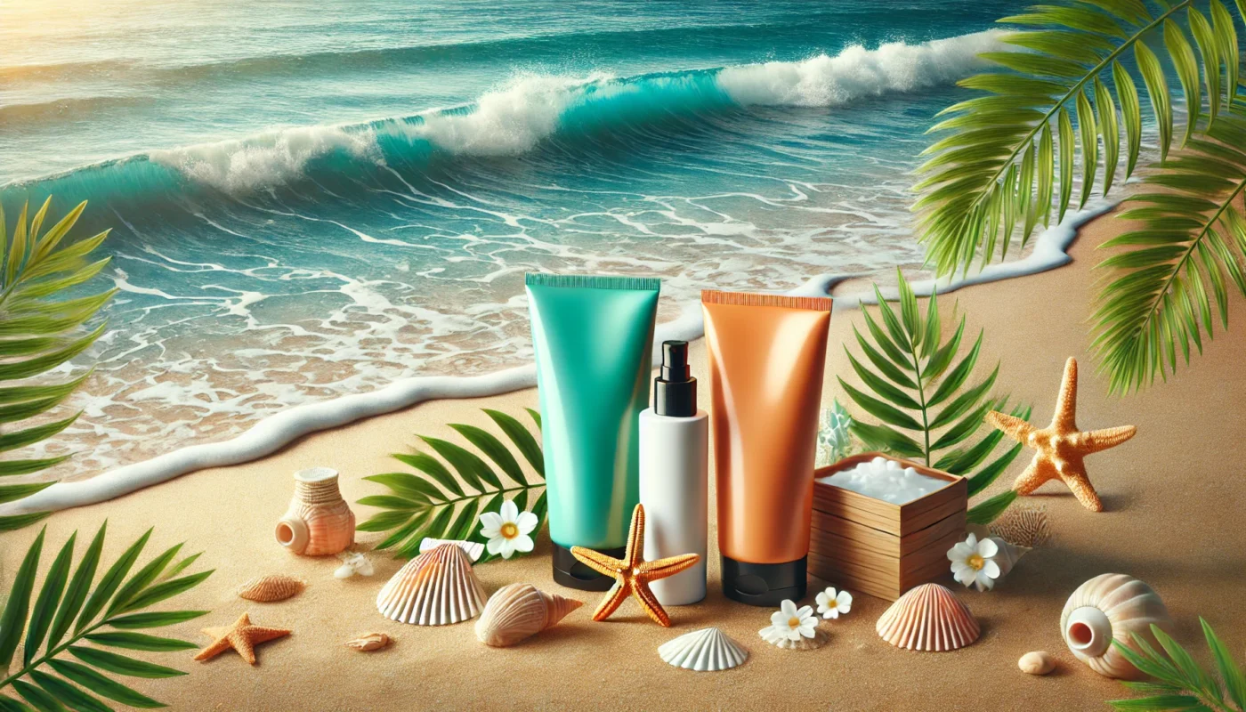 A vibrant coastal scene with sleek sunscreen bottles and tubes on a sandy beach, surrounded by seashells, starfish, and palm leaves, highlighting sun protection in a tropical and natural setting.