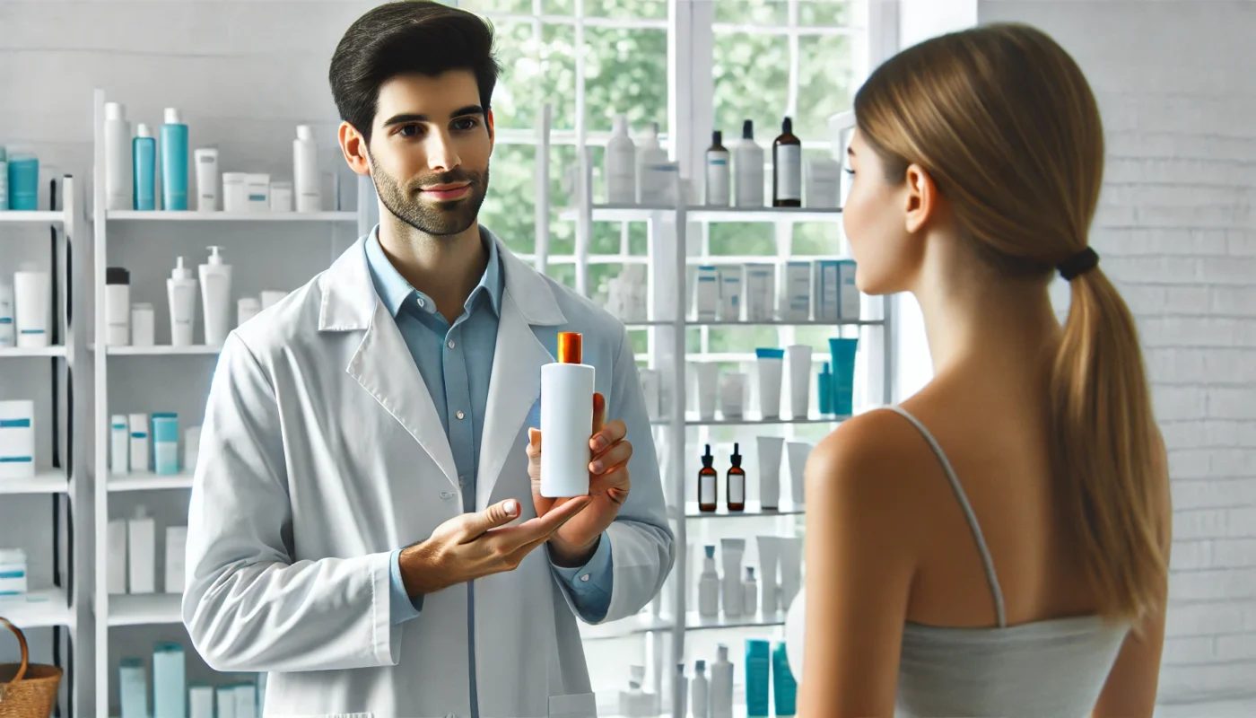 A dermatologist in a modern skincare clinic holding a bottle of sunscreen and explaining its benefits to a patient with sensitive skin. The background features neatly arranged skincare products, emphasizing a professional setting.