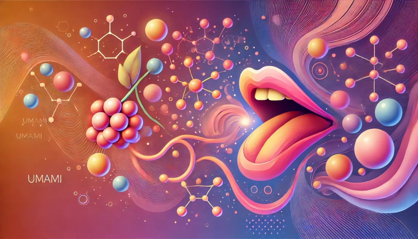 A text-free abstract illustration representing umami taste perception, with stylized glowing taste buds interacting with molecular-like orbs. The design features soft organic forms in pastel pink, orange, and purple tones, creating a harmonious and sensory-focused modern aesthetic.