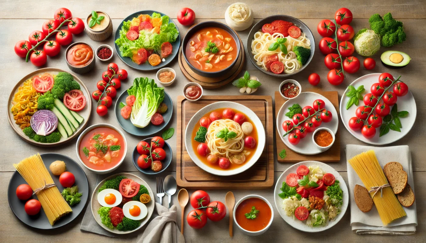 A variety of tomato-based dishes, including pasta, soup, and salad, beautifully arranged on a wooden dining table, highlighting the versatility of tomatoes in a balanced diet.