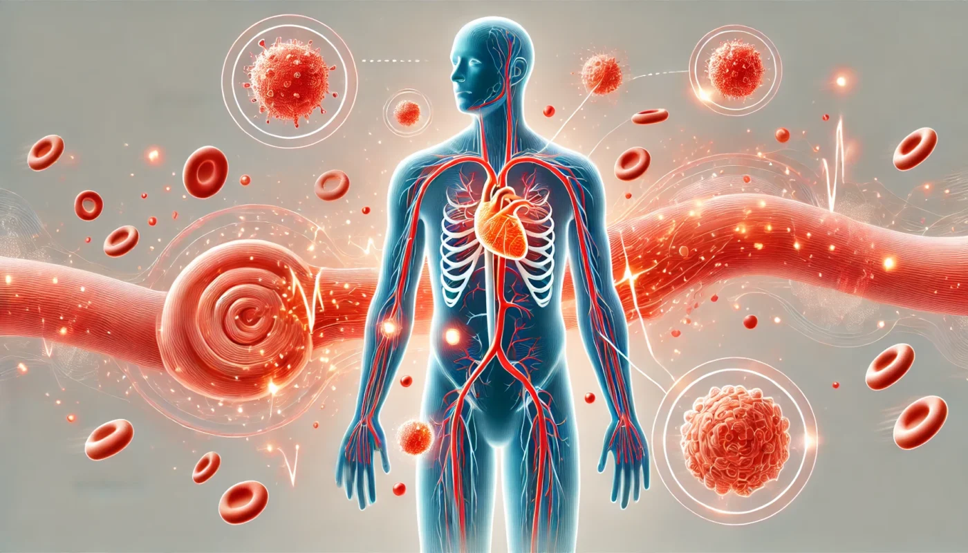 A simple illustration depicting the body's inflammatory response with a red swollen area and immune cells responding to increased blood flow.