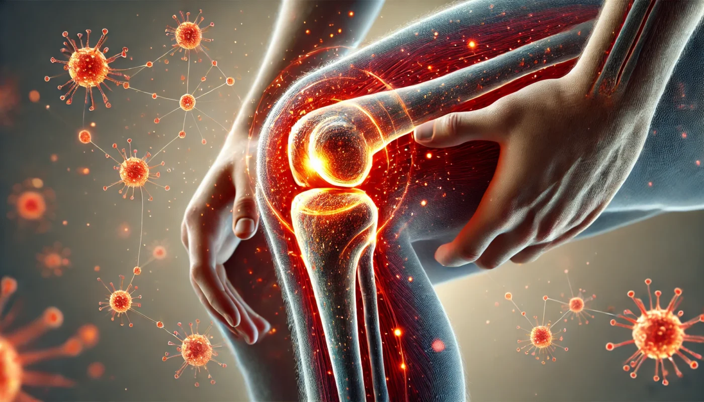 How to reduce joint inflammation quickly? This is a conceptual illustration of a human knee joint, emphasizing inflammation with red and orange hues. The surrounding area features symbolic glowing particles representing the immune system's response, set against a neutral background with no text or labels.