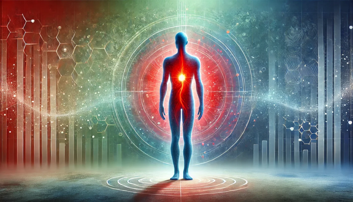 A conceptual image of inflammation depicted as a glowing red area in a human silhouette, surrounded by soft blue and green tones symbolizing balance and healing. The abstract background emphasizes the contrast between inflammation and holistic management, highlighting systemic health.