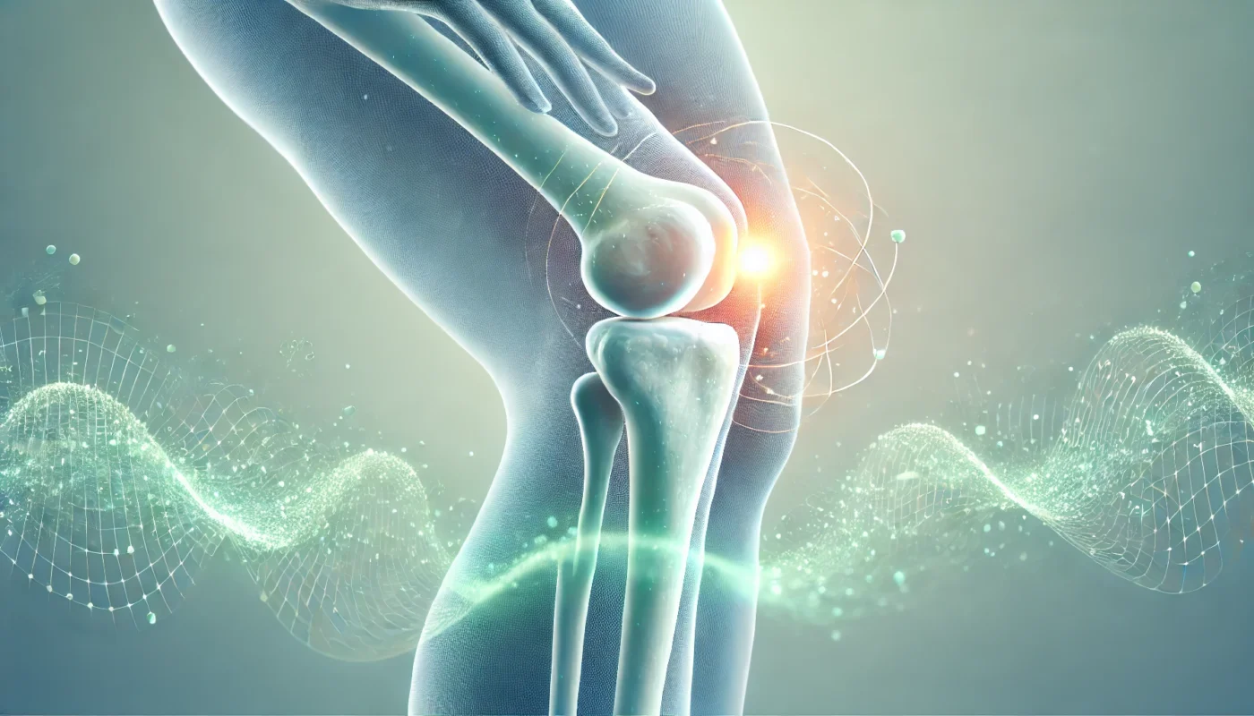 A visually calming and minimalist medical illustration of a glowing 3D healthy knee joint surrounded by soft blue and green waves, symbolizing cartilage regeneration and anti-inflammatory properties, highlighting the benefits of glucosamine sulfate for joint health.