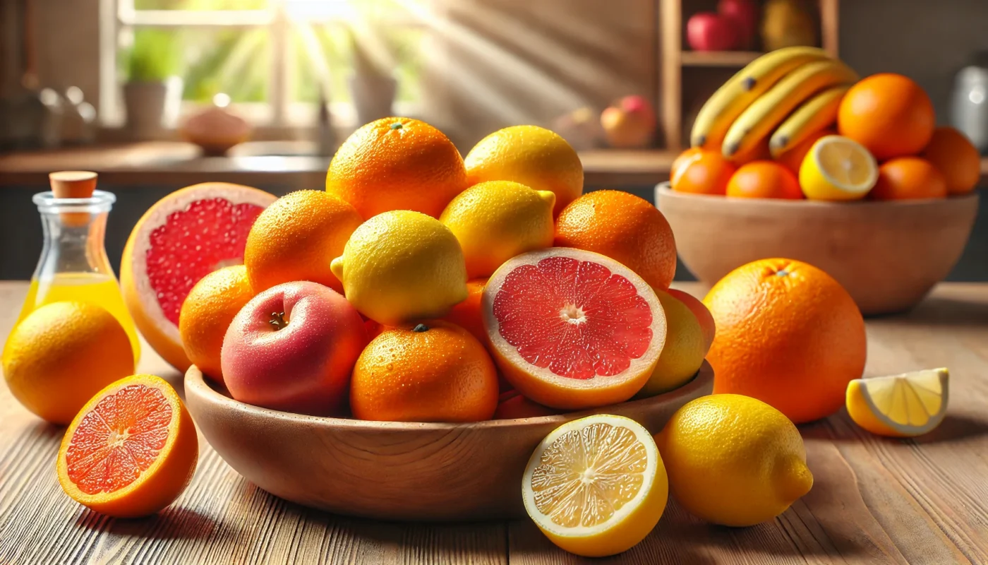 A vibrant bowl of fresh citrus fruits, including oranges, lemons, and grapefruits, rich in vitamin C for skin allergy prevention.