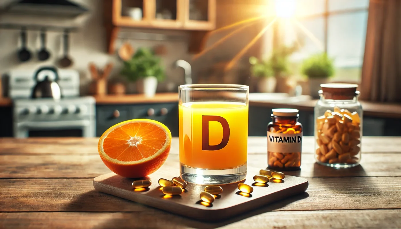 A refreshing glass of orange juice and vitamin D capsules on a sunlit kitchen table, highlighting natural ways to support skin health.