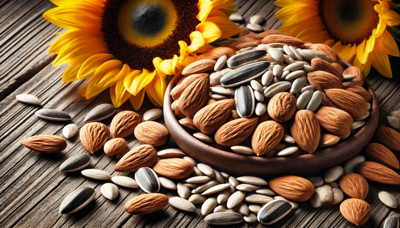 A close-up of almonds and sunflower seeds on a rustic wooden table, showcasing their vitamin E content for skin nourishment and allergy prevention.