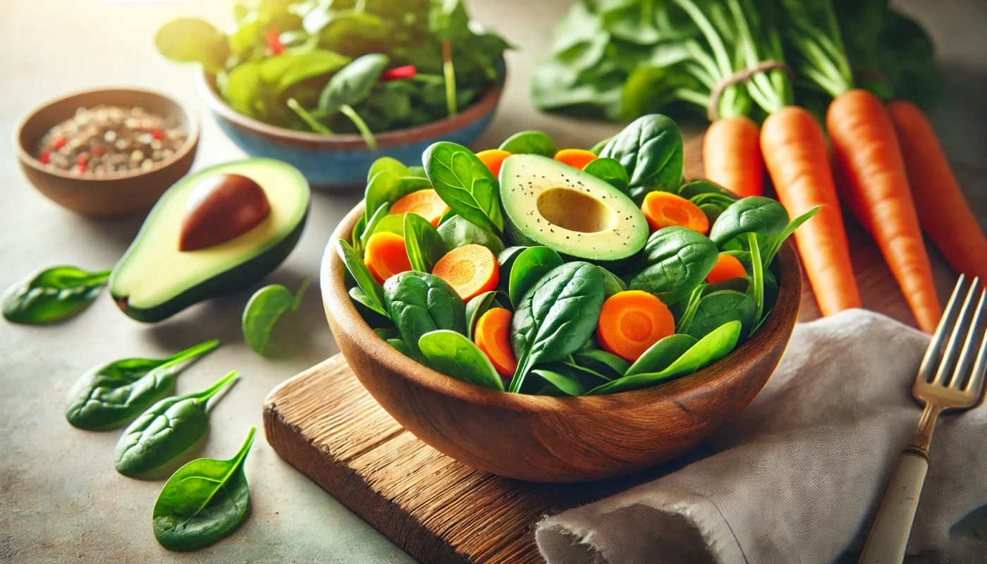 A healthy salad with spinach, avocado, and carrots in a wooden bowl, emphasizing vitamin A and B benefits for skin repair and allergy resistance.