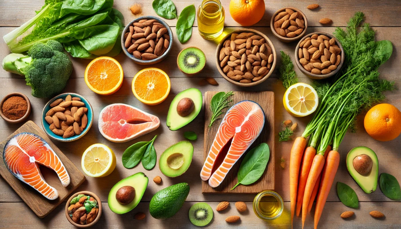 A visually appealing flat lay of vitamin-rich foods for skin and hair health, including avocados, almonds, salmon, citrus fruits, carrots, and leafy greens, neatly arranged on a wooden table.