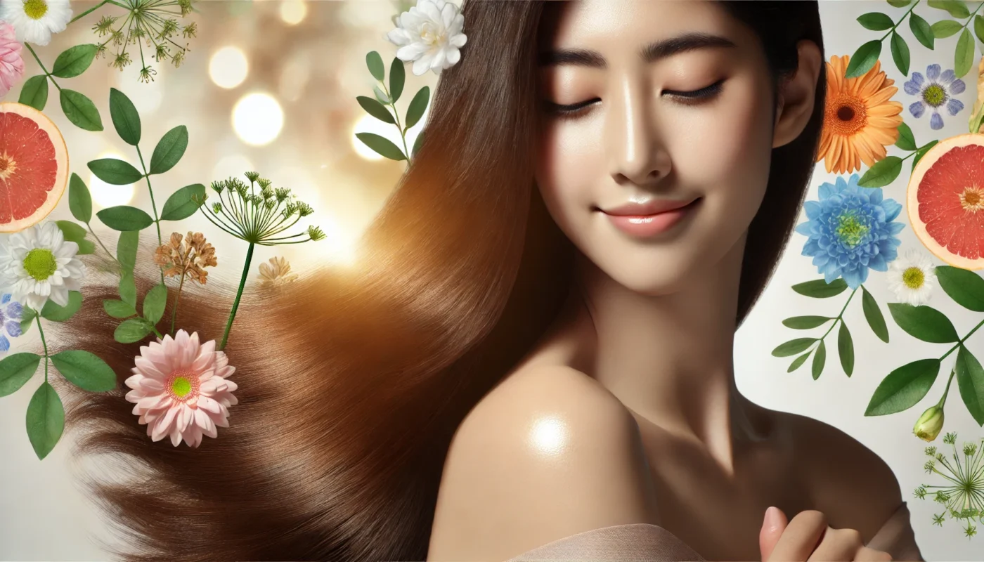 A close-up shot of a woman's glowing skin and healthy, shiny hair, with a soft-focus background featuring natural elements like flowers and leaves, emphasizing the benefits of vitamins for skin and hair.