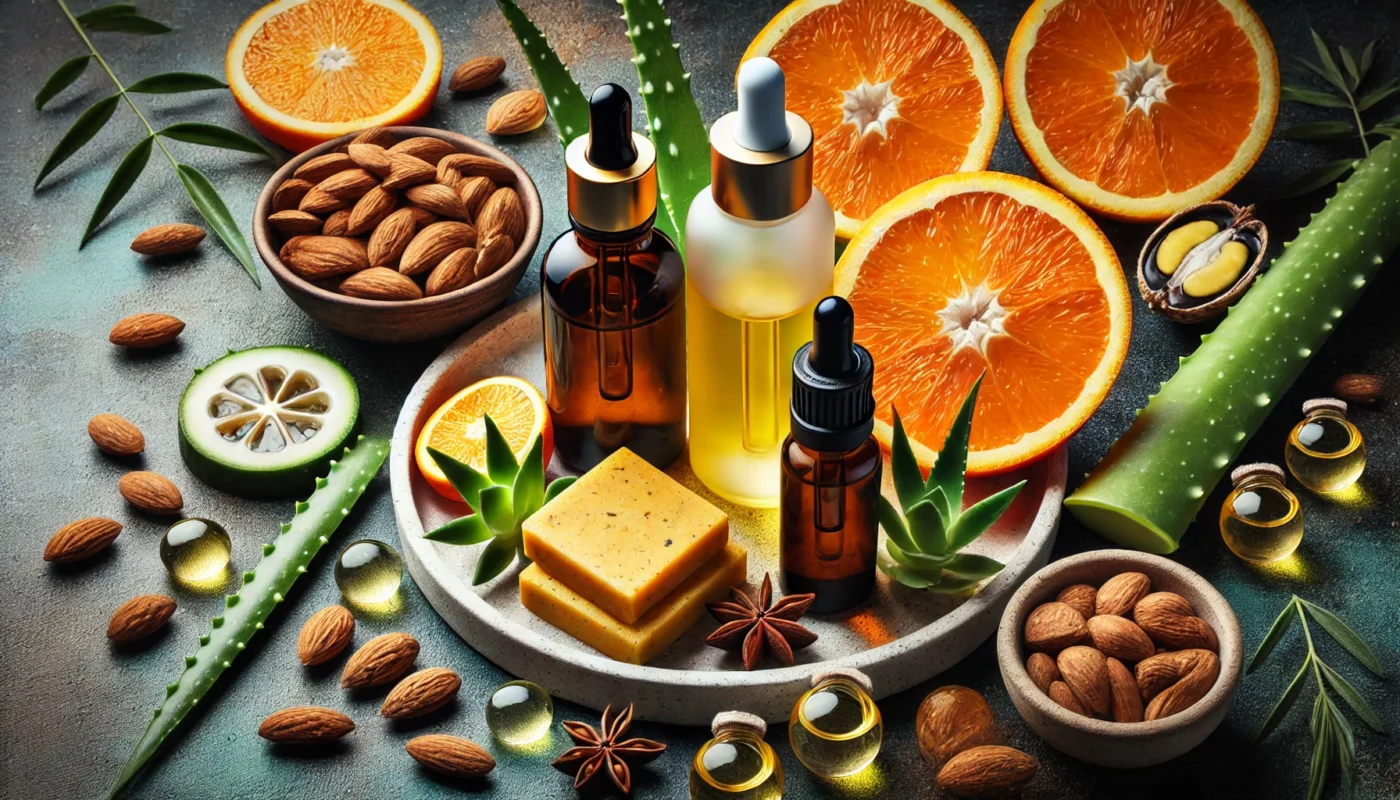 A vibrant and artistic composition of vitamin-rich oils and serums in glass dropper bottles, surrounded by fresh ingredients such as oranges, almonds, and aloe vera, symbolizing the topical benefits of vitamins for skin and hair health.