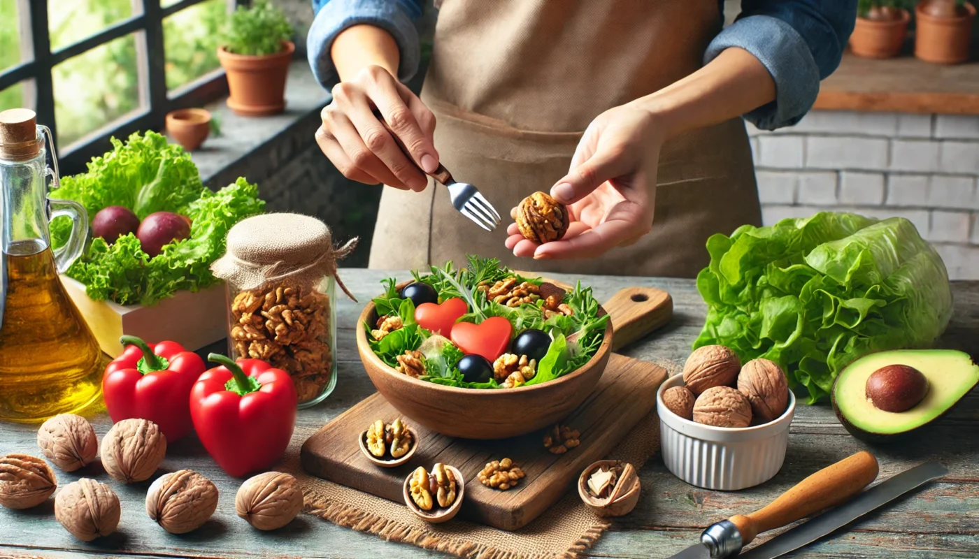 A person adding walnuts to a bowl of salad filled with fresh greens and fruits, highlighting a nutrient-rich meal that supports heart health and helps manage triglyceride levels.