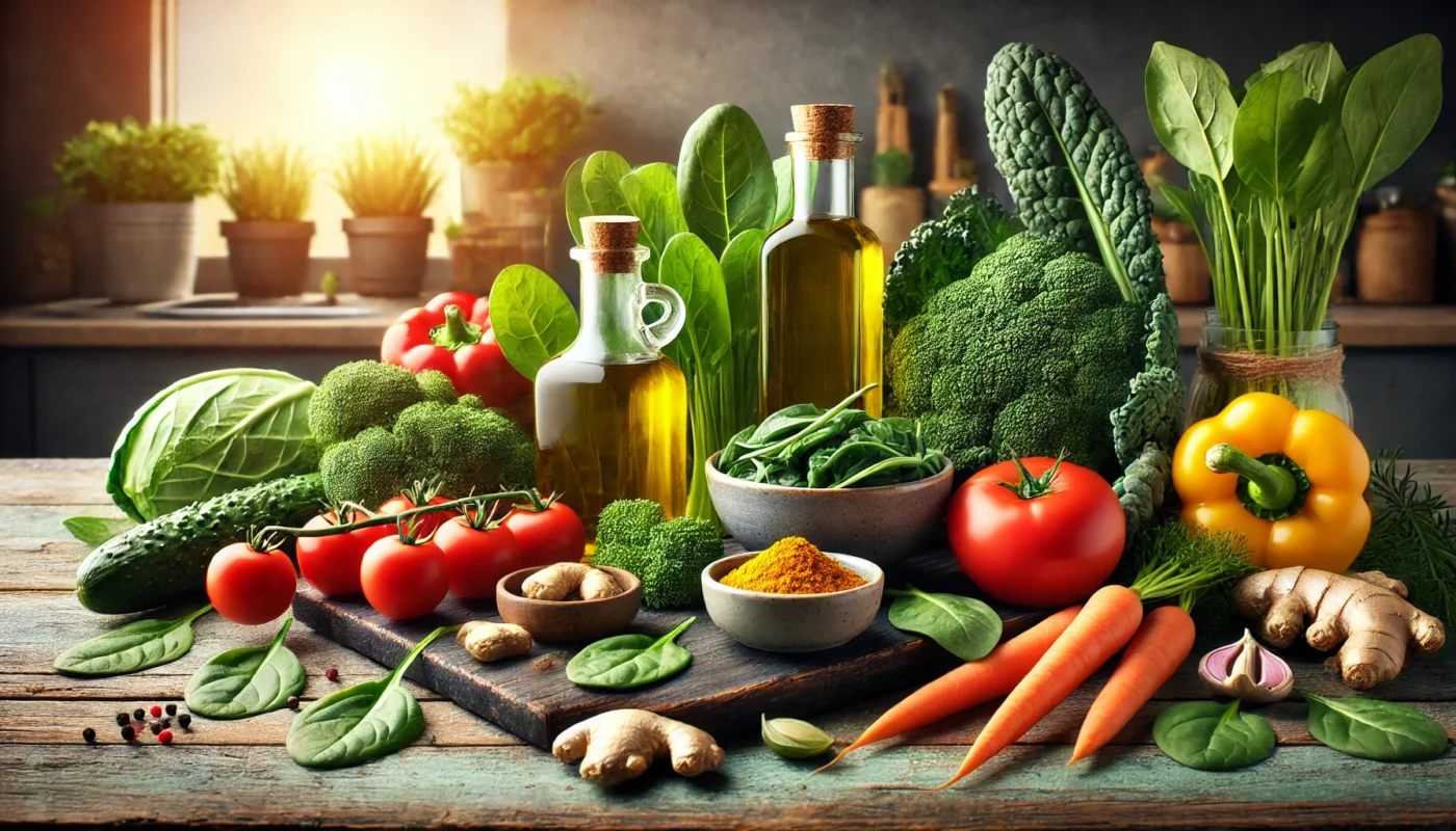 A warm and inviting kitchen scene featuring fresh vegetables like kale, spinach, carrots, and tomatoes, paired with olive oil and anti-inflammatory herbs such as turmeric and ginger. A perfect depiction of a joint-health-focused diet.