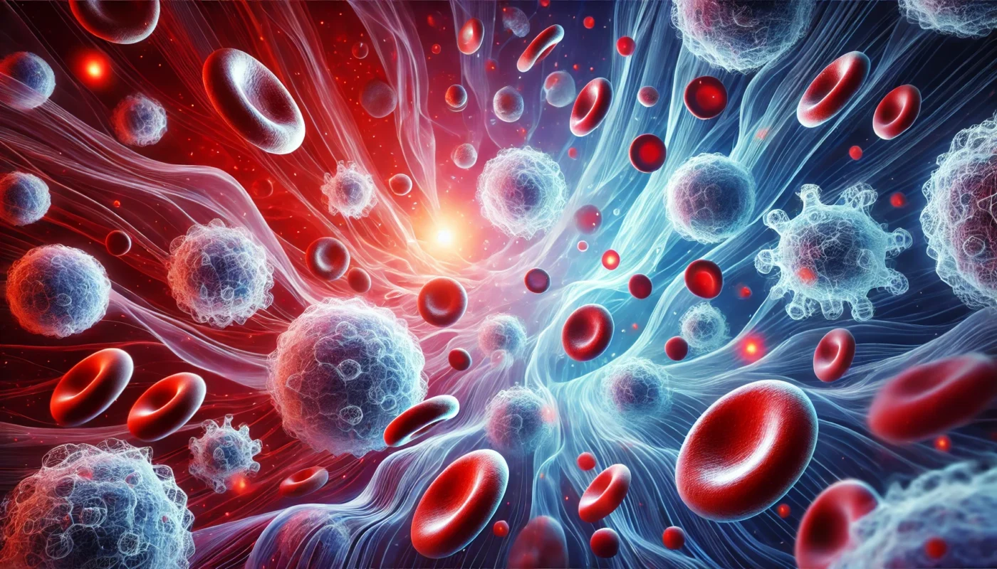 A conceptual visualization of white blood cells, including neutrophils, lymphocytes, and monocytes, glowing within a bloodstream environment. The vibrant red and blue abstract background represents inflammation and the dynamic role of WBCs in the immune response.