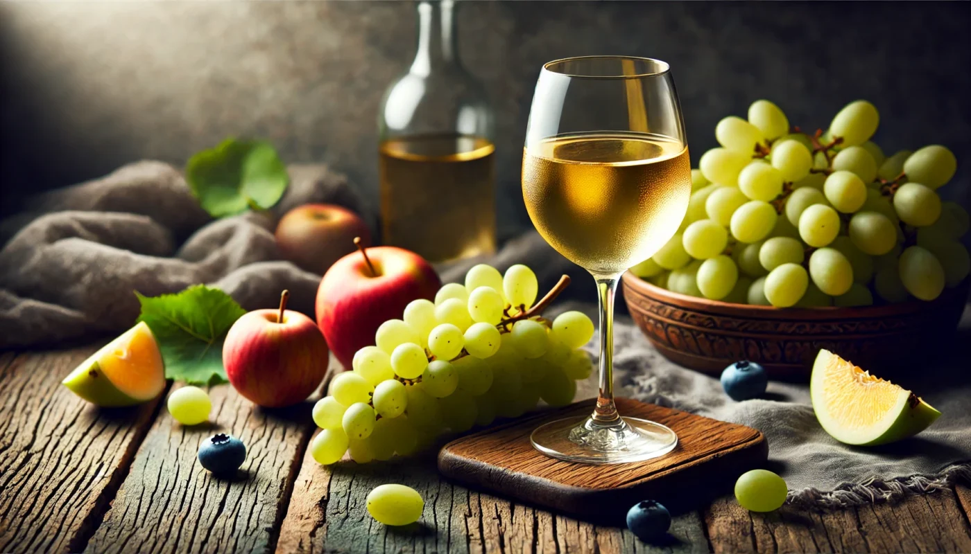 A beautifully arranged glass of white wine on a rustic table, accompanied by fresh fruits such as grapes and apples, under soft natural lighting, highlighting the refreshing and potential health benefits of moderate consumption.