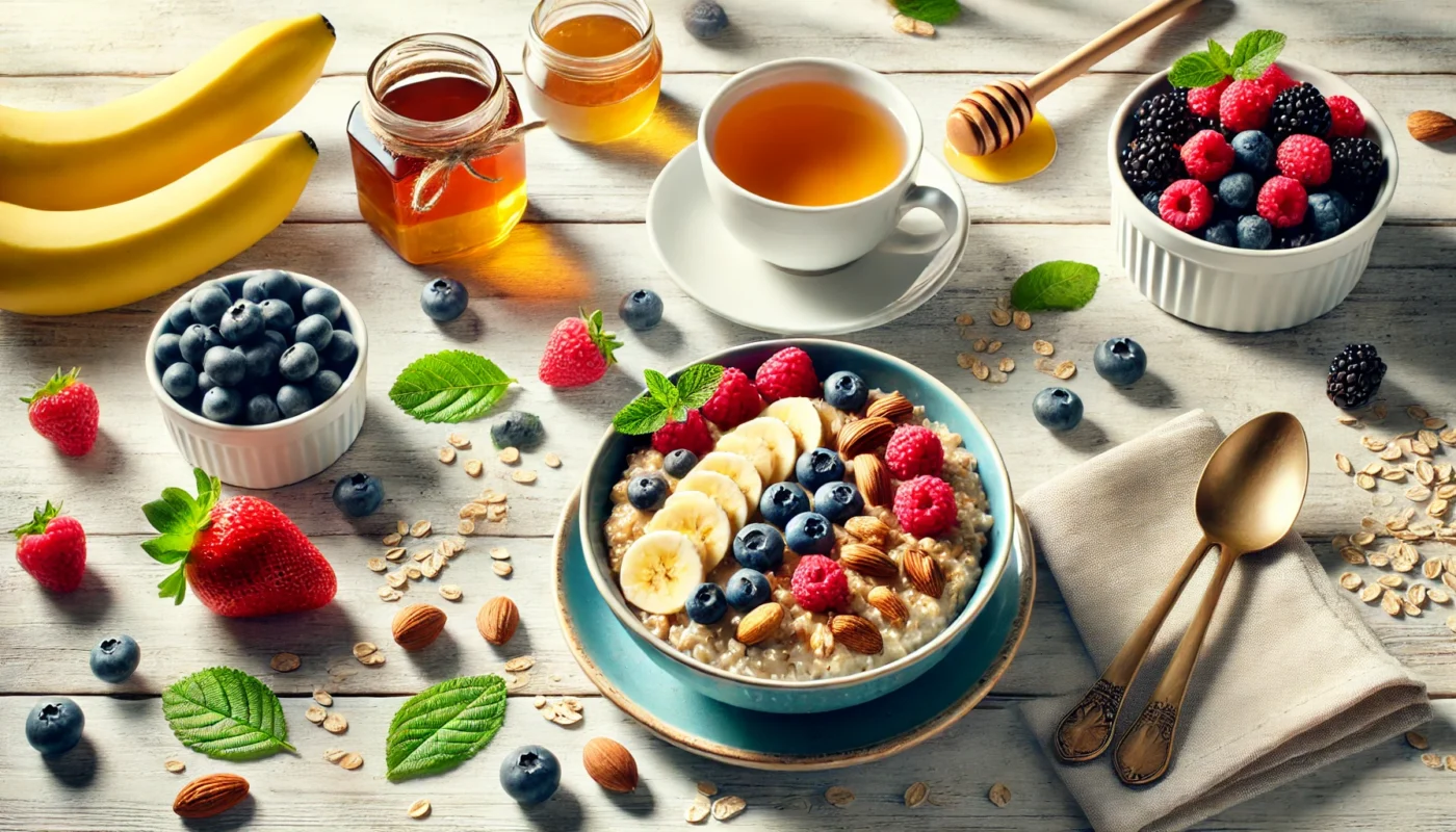 A cheerful breakfast setting featuring a bowl of oatmeal topped with fresh berries, nuts, and honey, surrounded by sliced banana, a jar of honey, and a cup of herbal tea on a wooden table. Natural morning light emphasizes health and vitality. Text-free, minimalist, and modern in widescreen format.