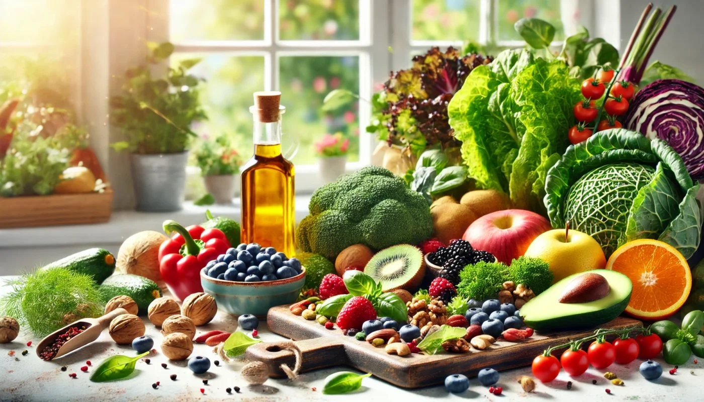 A vibrant kitchen countertop displaying fresh anti-inflammatory foods including leafy greens, berries, nuts, and a bottle of olive oil. The sunny background with plants enhances the natural and health-focused ambiance.