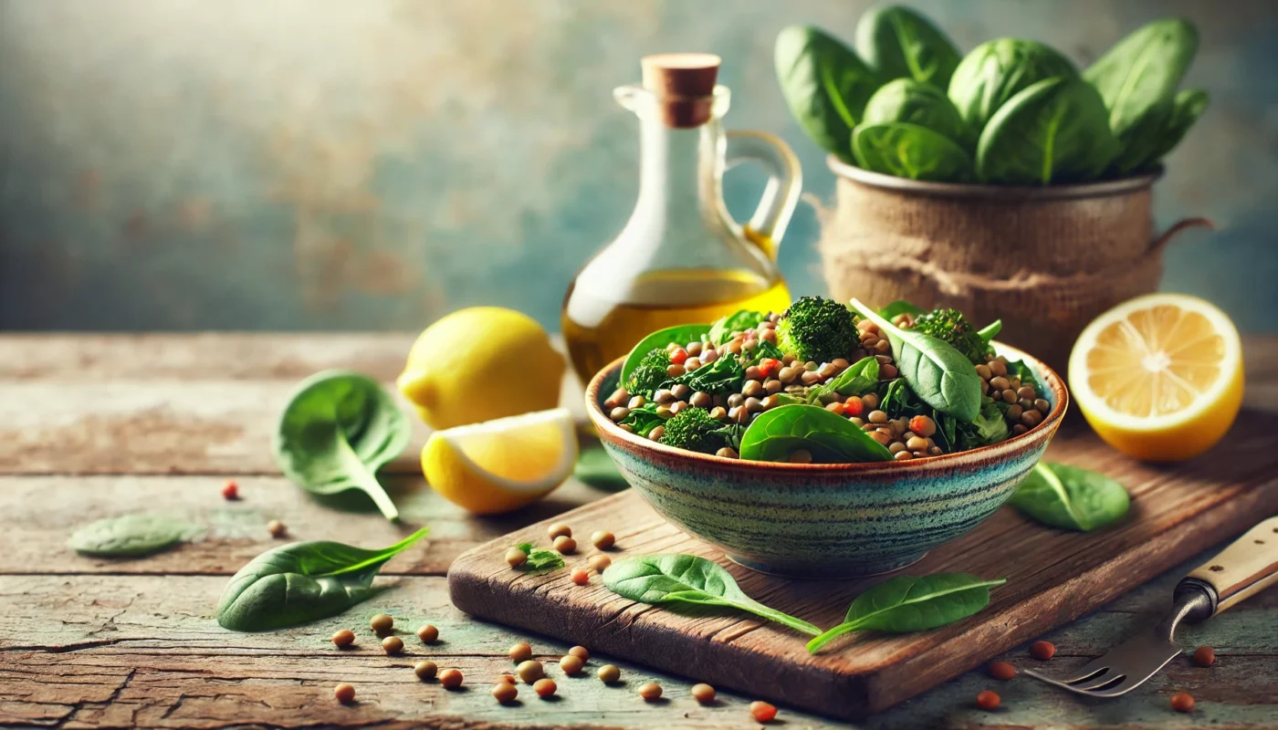 A rustic and artistic scene of a lentil salad mixed with spinach, kale, and roasted Brussels sprouts on a wooden table, accompanied by olive oil in a jar and lemon slices. Emphasizes a fresh and healthy meal preparation for an anti-inflammatory diet. Text-free and modern in widescreen format.