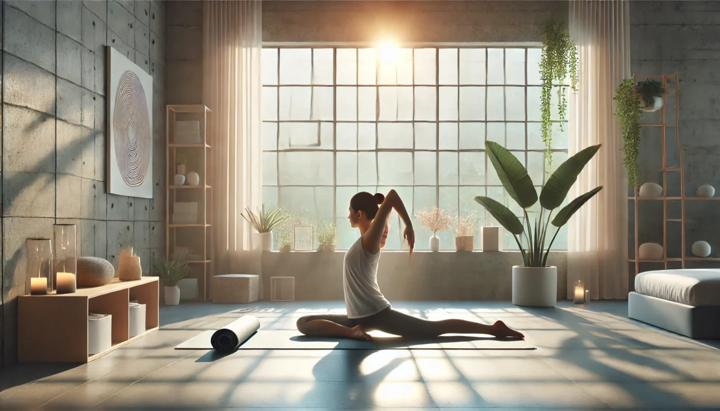 A tranquil yoga studio bathed in soft sunlight from large windows, showing a person practicing a seated eagle pose. The pose emphasizes gentle shoulder stretches and alignment, ideal for injury recovery, with calming studio elements like plants and minimalist décor