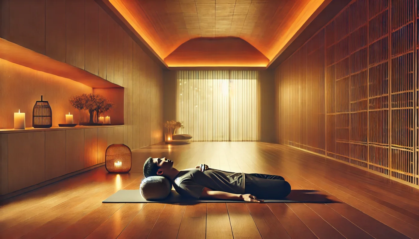 An indoor yoga session with warm, ambient lighting, featuring a person lying on their back with a yoga bolster under their upper back. The pose focuses on gentle chest opening to relieve shoulder tension and aid recovery in a tranquil, neutral-toned setting with wooden floors