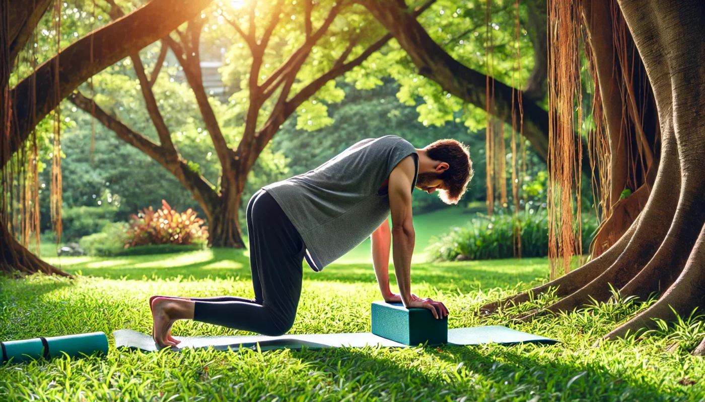 A peaceful outdoor yoga scene in a lush green park, featuring a person practicing a modified downward-facing dog pose. The individual uses a yoga block to ensure gentle shoulder alignment, ideal for injury recovery, surrounded by nature with sunlight filtering through trees