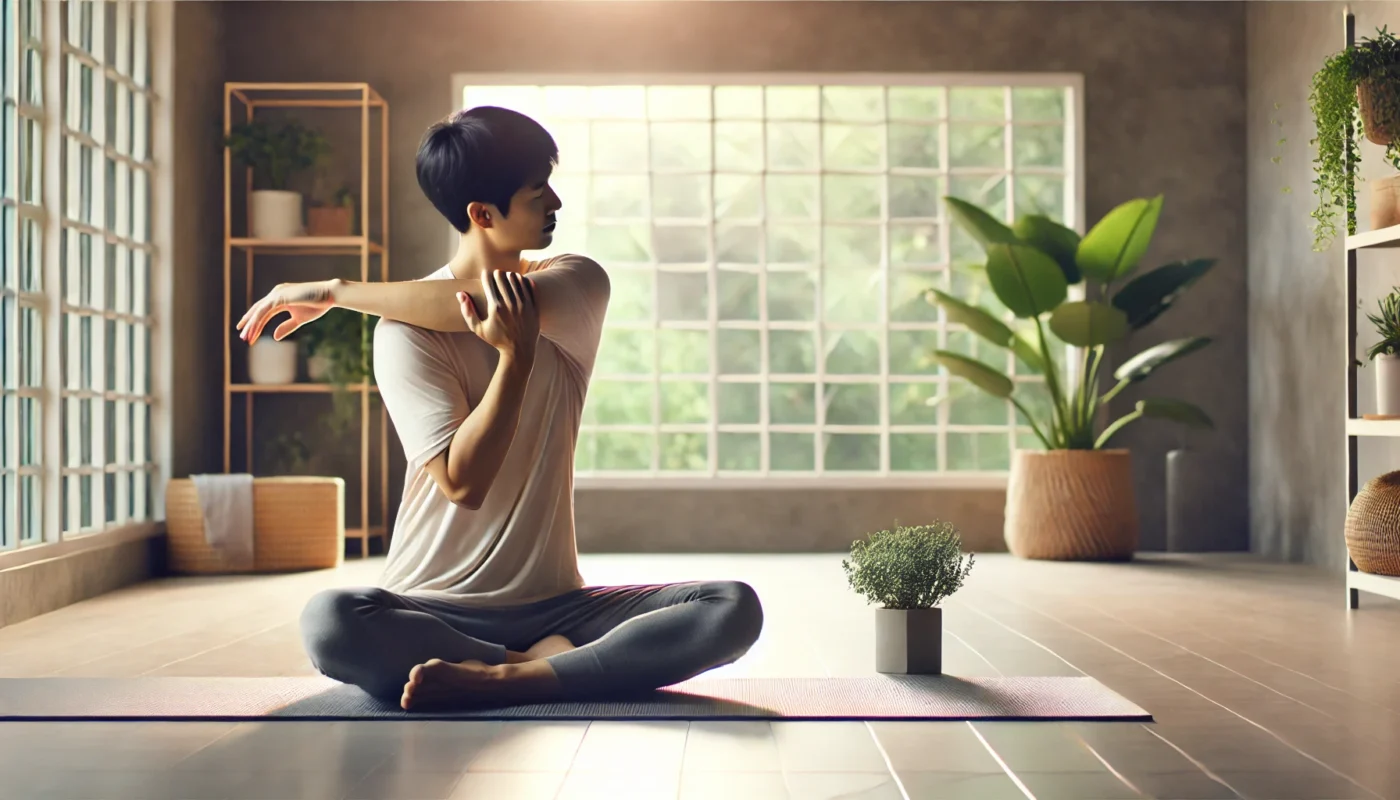 A serene yoga studio with soft, natural light showcasing a person practicing gentle shoulder stretches. They are seated cross-legged on a yoga mat, demonstrating a safe yoga pose for shoulder injury recovery in a calming minimalist environment