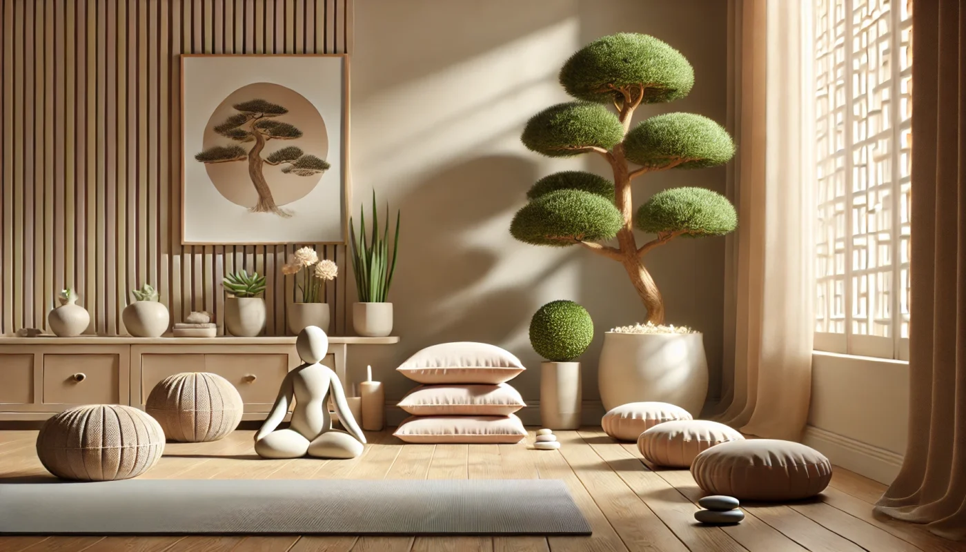 A serene yoga room with a minimalist design featuring a yoga mat, meditation cushions, a bonsai tree, potted plants, and soft natural light entering through a window. The environment is tranquil and conducive to mindfulness and relaxation practices.