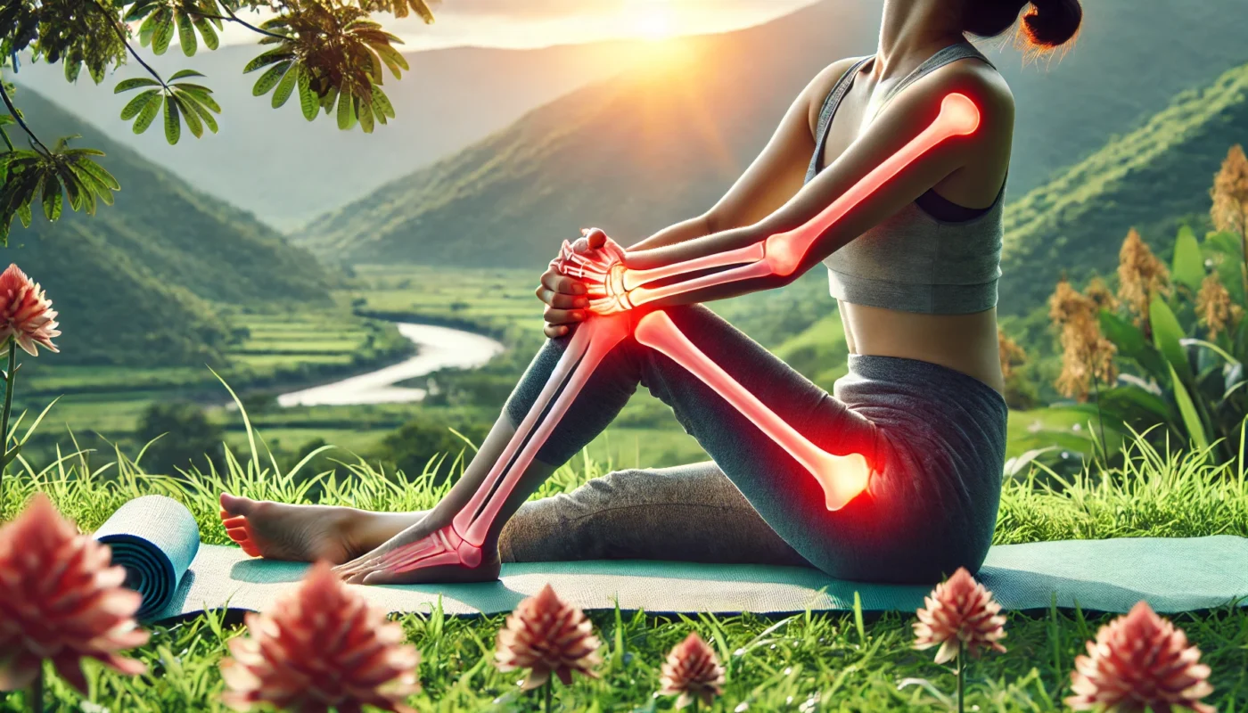 A person practicing yoga in a serene outdoor setting, performing gentle stretches to enhance joint flexibility and support arthritis pain management naturally.