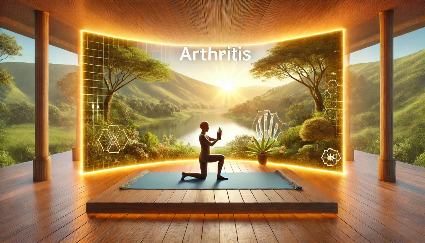 A peaceful sunrise yoga session outdoors overlooking a lush green landscape, highlighting a holistic approach to arthritis management through gentle exercise. Soft golden sunlight enhances the tranquil scene.