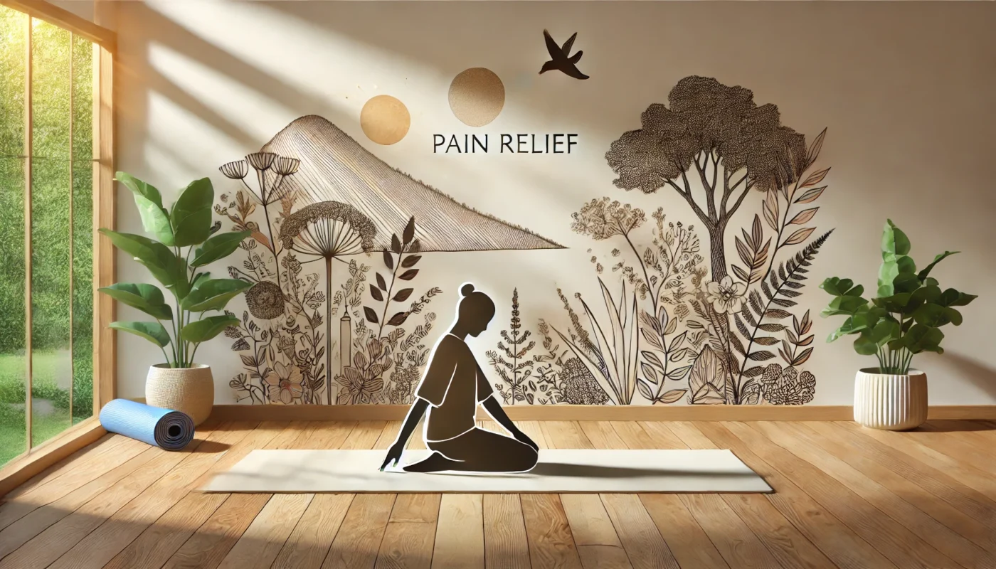 A calming yoga session with an individual performing a gentle pose on a mat in a sunlit room with wooden floors and greenery, symbolizing the mind-body connection and holistic pain relief.