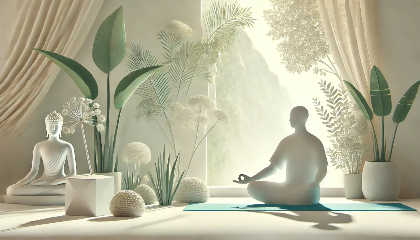 A serene yoga scene with a person performing a seated yoga pose in a bright, naturally lit, minimalist room, symbolizing stress management for joint health.