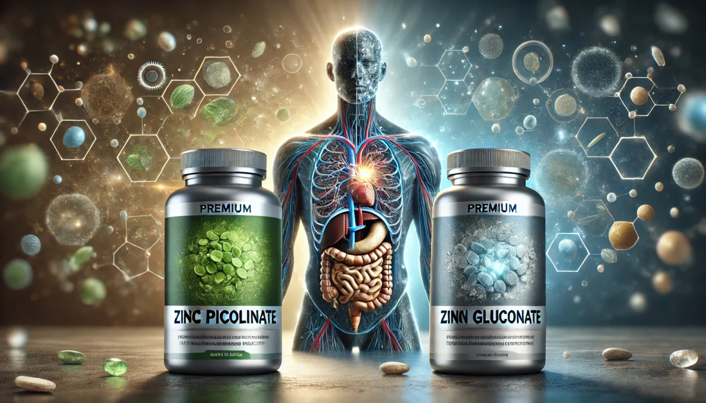 Zinc Picolinate and Zinc Gluconate supplements for health support. Highlight two premium bottles clearly