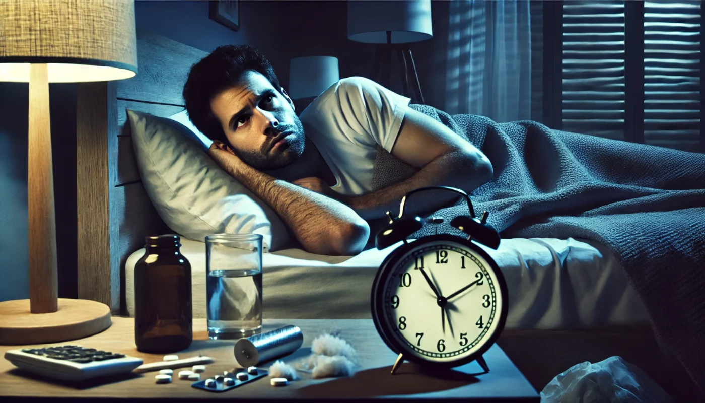  man struggling with insomnia, lying awake in bed