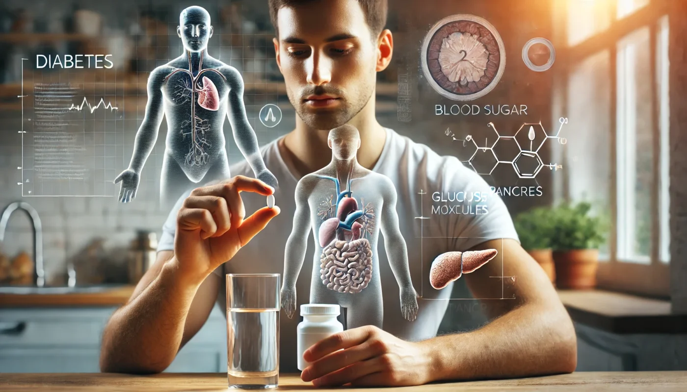 a man taking medication for diabetes. The man should be holding a pill and a glass of water