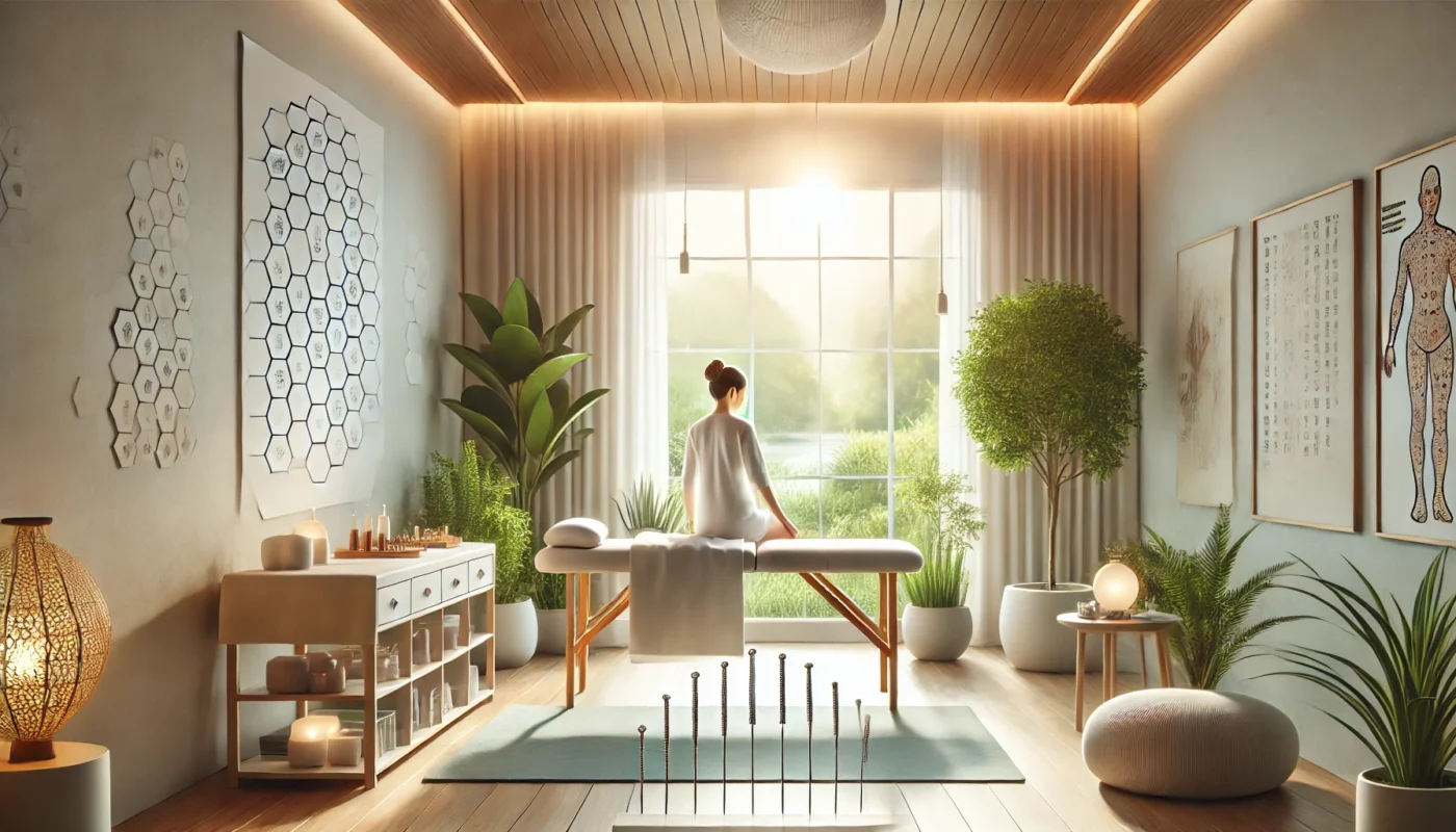 Modern acupuncture therapy room with natural lighting, featuring a patient receiving acupuncture treatment in a serene and holistic environment, suitable for an article about 'acupuncture for cancer'