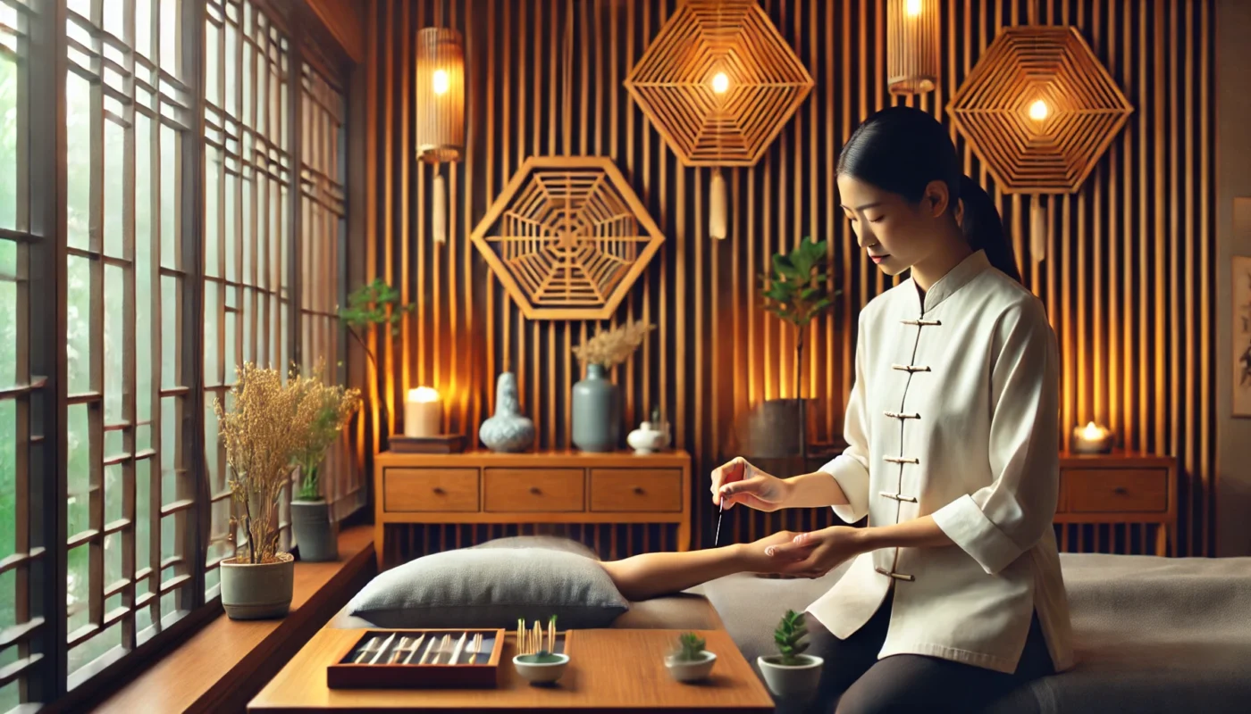 A modern acupuncture clinic with a practitioner gently placing a thin needle into the arm of a calm and relaxed patient, set in a serene environment with warm lighting, natural wooden furniture, and traditional Chinese decor