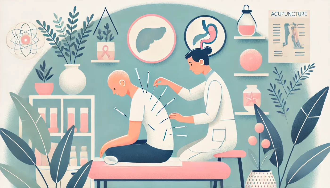 Acupuncturist carefully performing acupuncture on a cancer patient in a relaxing clinic environment, emphasizing holistic care and wellness, suitable for an article on 'acupuncture for cancer'