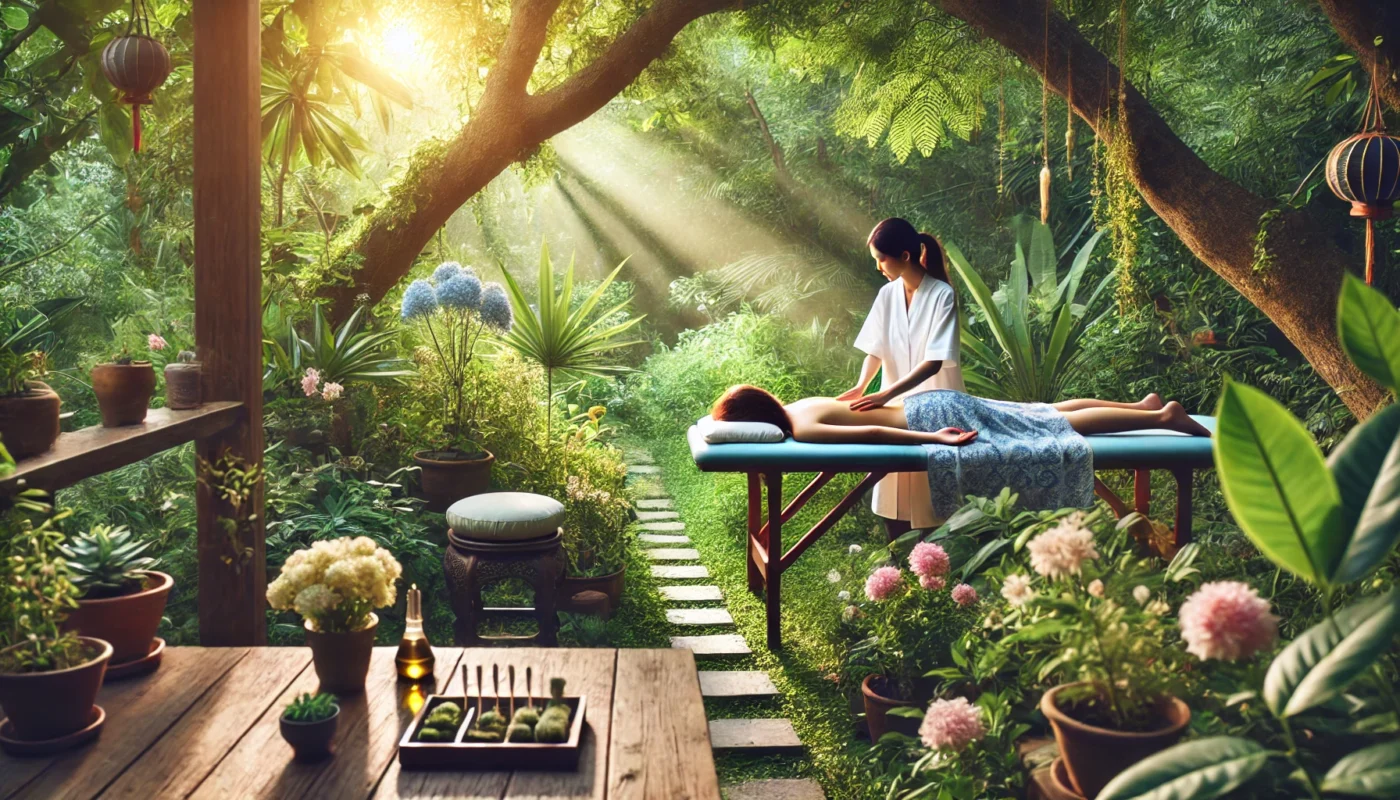 A peaceful outdoor acupuncture session with a practitioner treating a patient lying on a wooden table in a lush garden surrounded by greenery and flowers, emphasizing a holistic and nature-connected healing experience